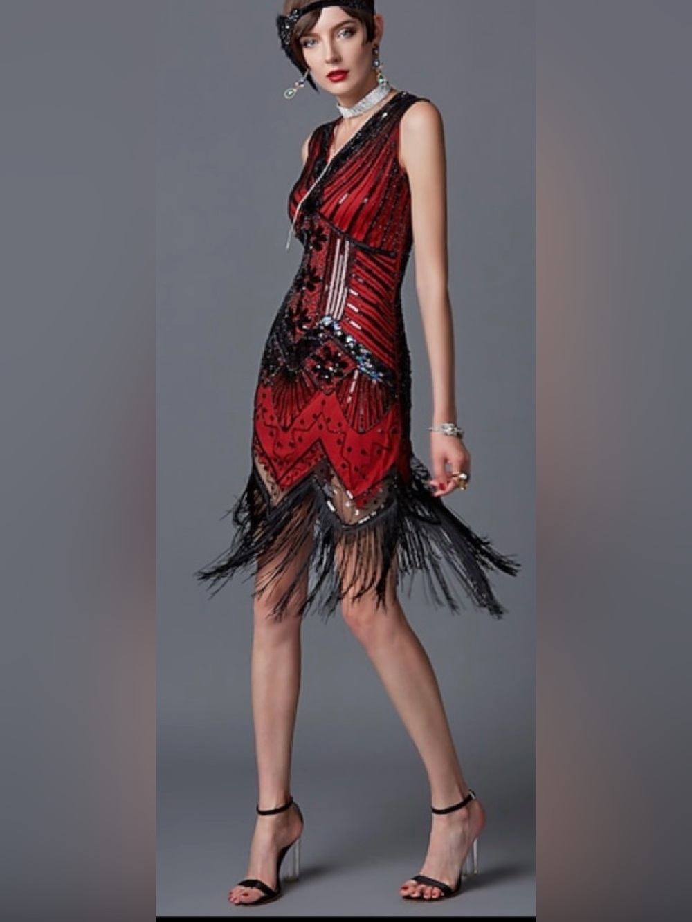 The Great Gatsby Charleston Roaring 20s Cocktail Dress Red/Black Sequin Fringe M